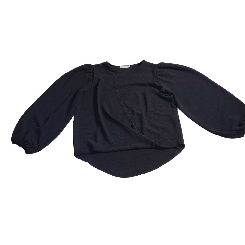 Zara Black Crossover Faux Wrap Balloon Sleeve Top Size Small - Picture 5 of 10